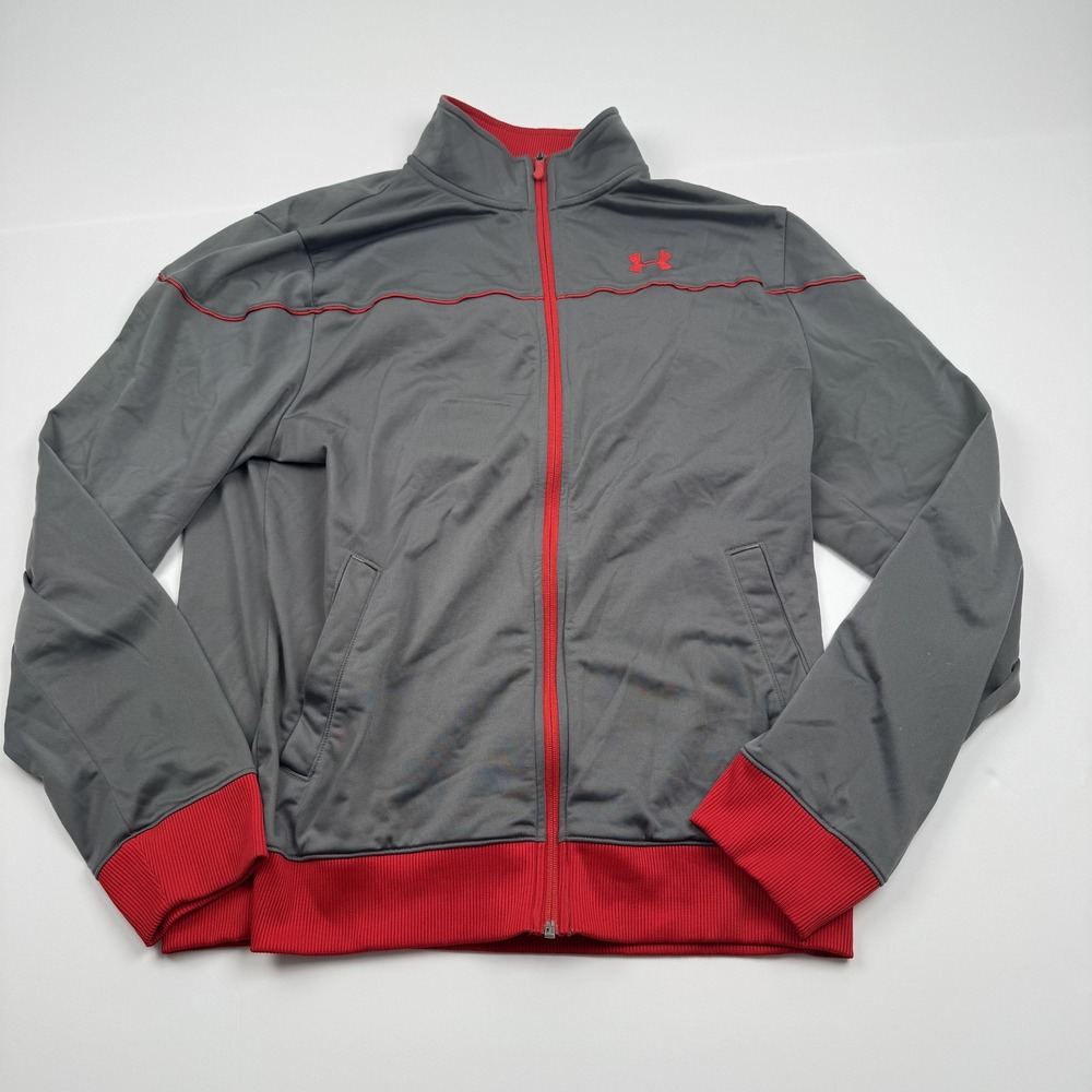 Under Armour Jacket Mens XL Gray Red Full Zip Track Athletic Performance Logo